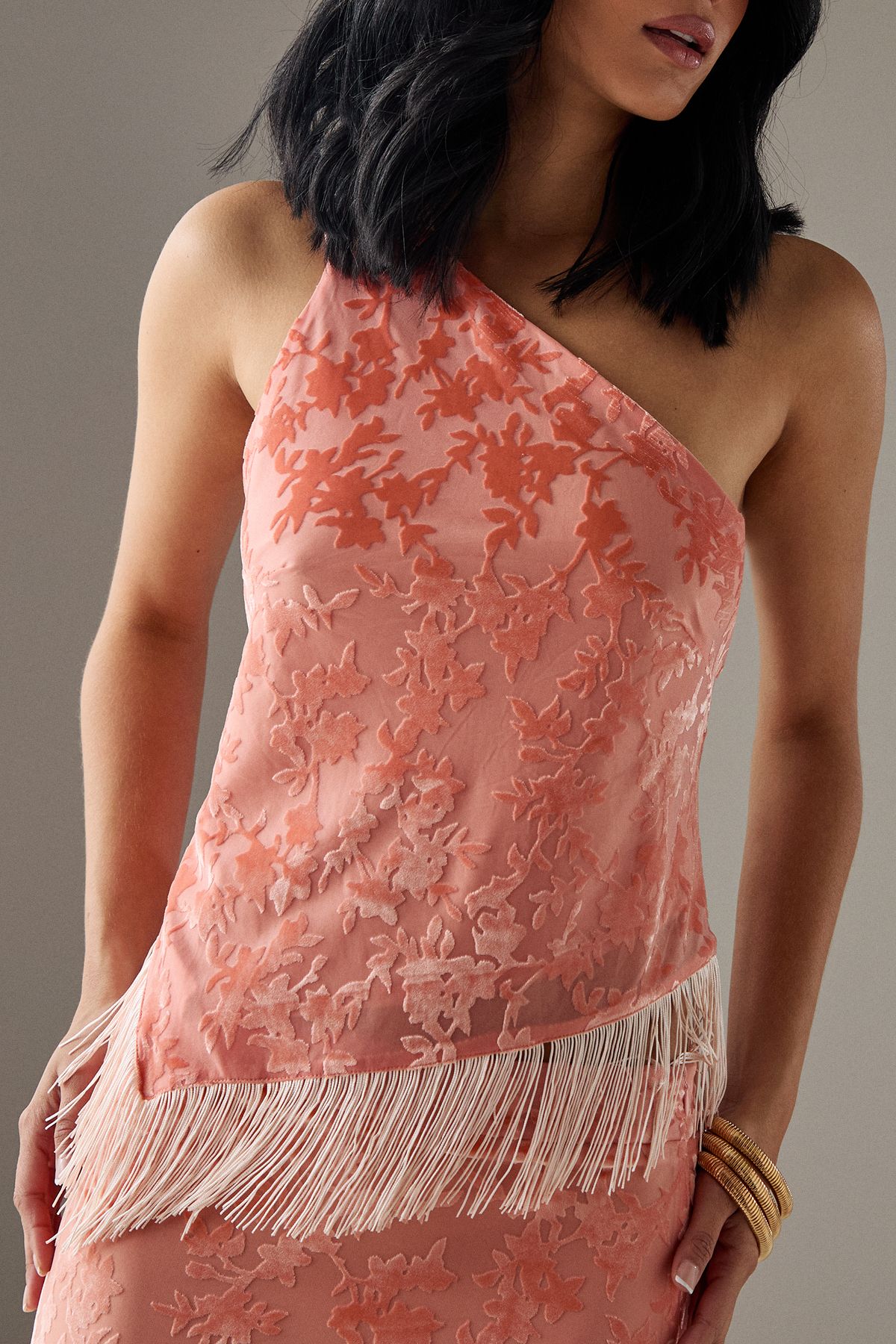 Warehouse Devore One Shoulder Fringe Cami Top Pink image 4