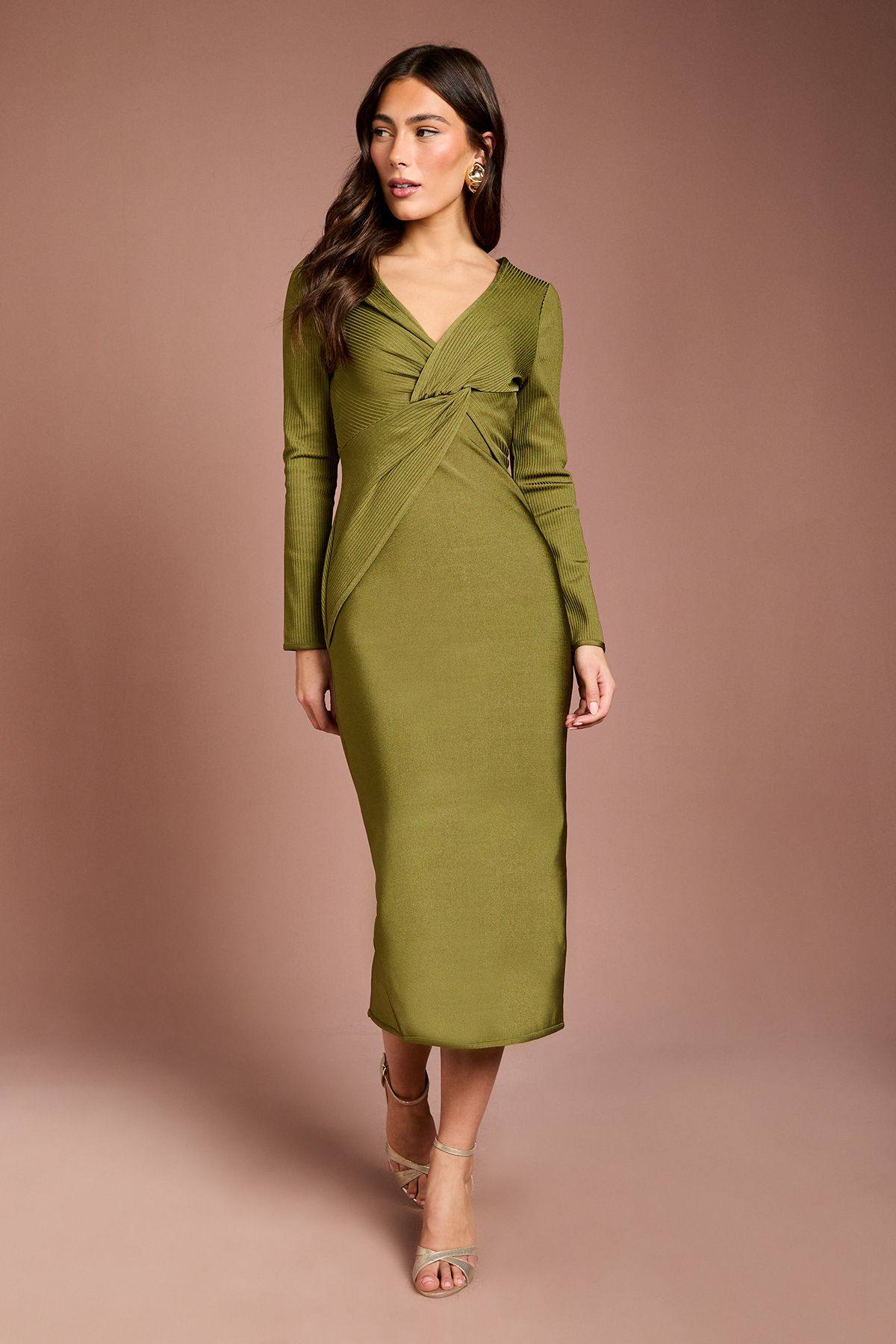 Coast Long Sleeve Twist Front Bandage Midi Dress Olive image 1
