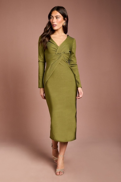 Coast Long Sleeve Twist Front Bandage Midi Dress Olive