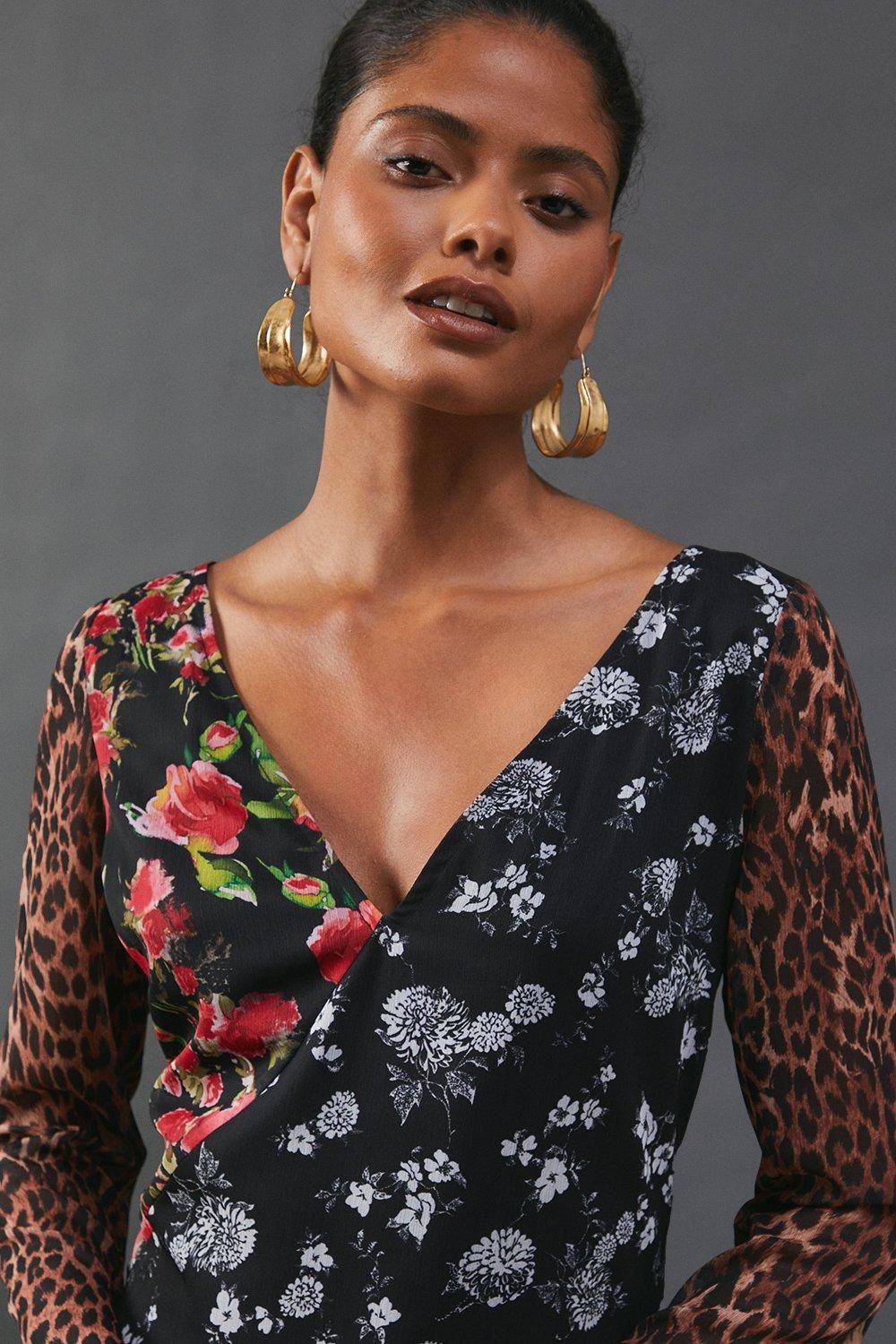 Warehouse Chiffon Panelling Tie Sleeve Midi Dress Multi image 2