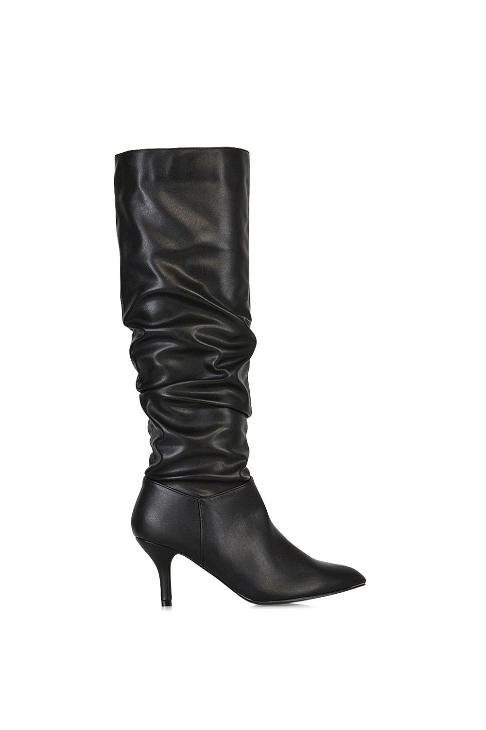 XY London 'Sian' Ruched Knee High Pointed Mid Stiletto Heel Boots