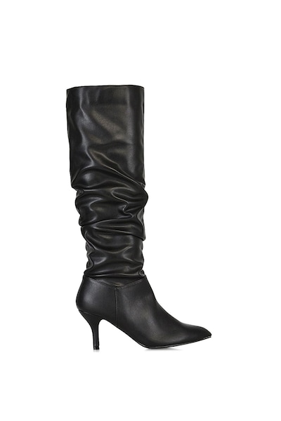 XY London 'Sian' Ruched Knee High Pointed Mid Stiletto Heel Boots