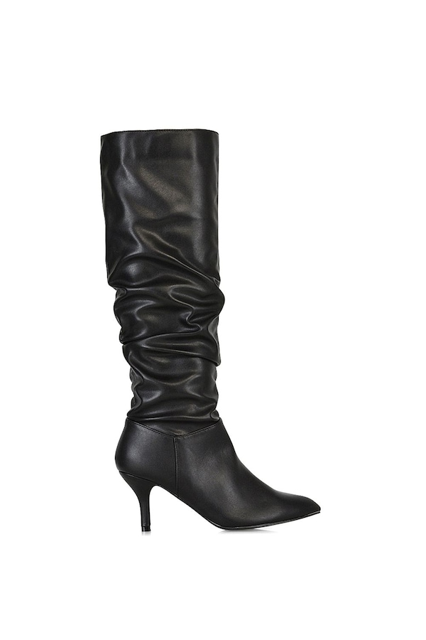 XY London 'Sian' Ruched Knee High Pointed Mid Stiletto Heel Boots
