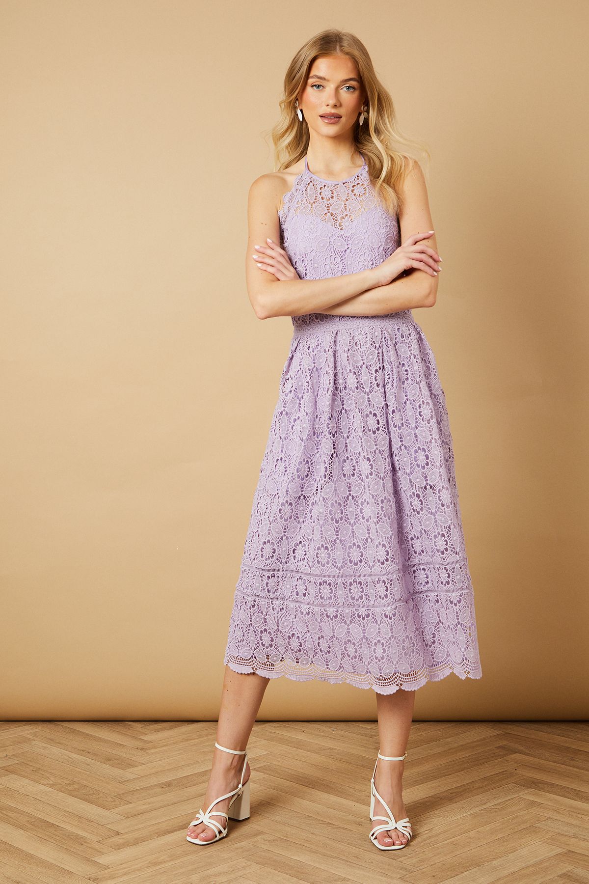 Oasis Lace Detail Halterneck Midi Dress Lilac image 1