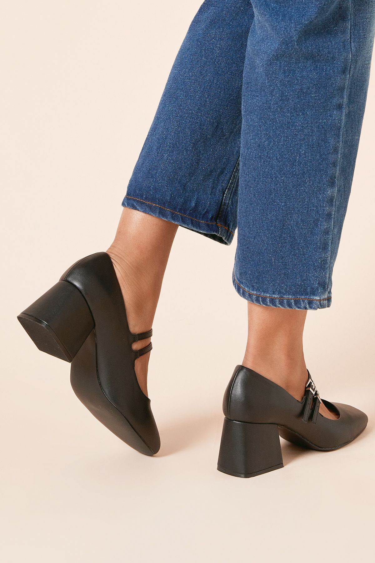 Dorothy Perkins Wide fit Dawn Faux Leather Double Mary Jane Mid  Block Heel Court Shoes Black image 4