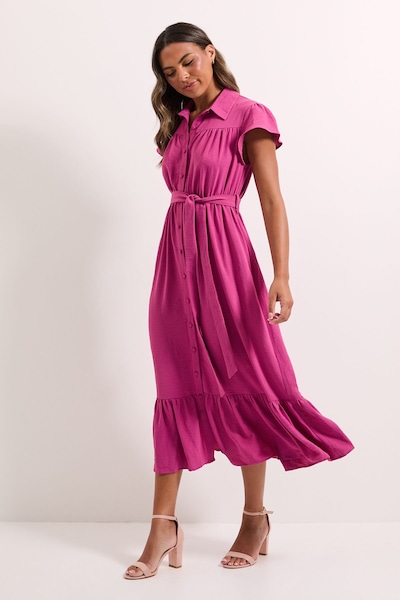 Dorothy Perkins Frill Sleeve Belted Midi Shirt Dress Rose