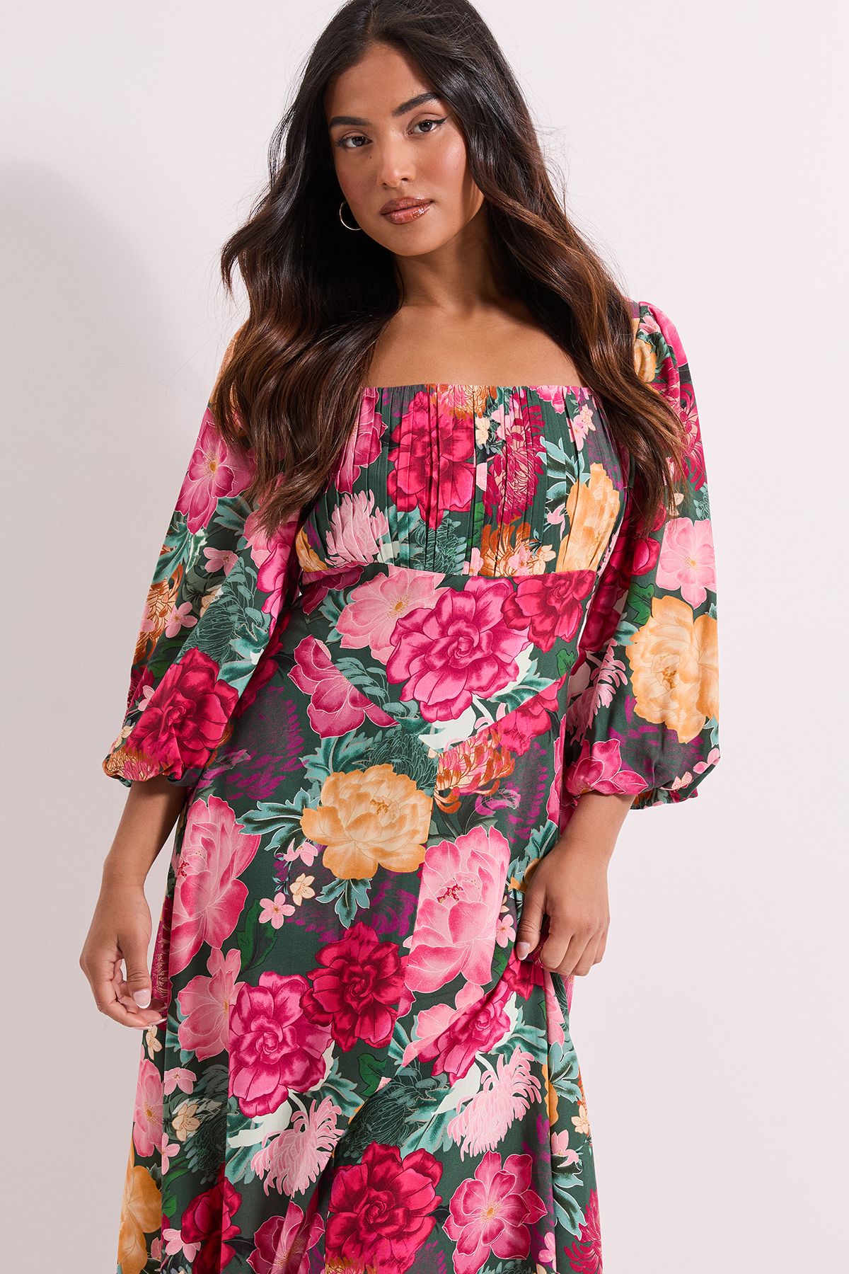 Dorothy Perkins Petite Ruched Bust Drop Waist Midi Dress Floral image 2