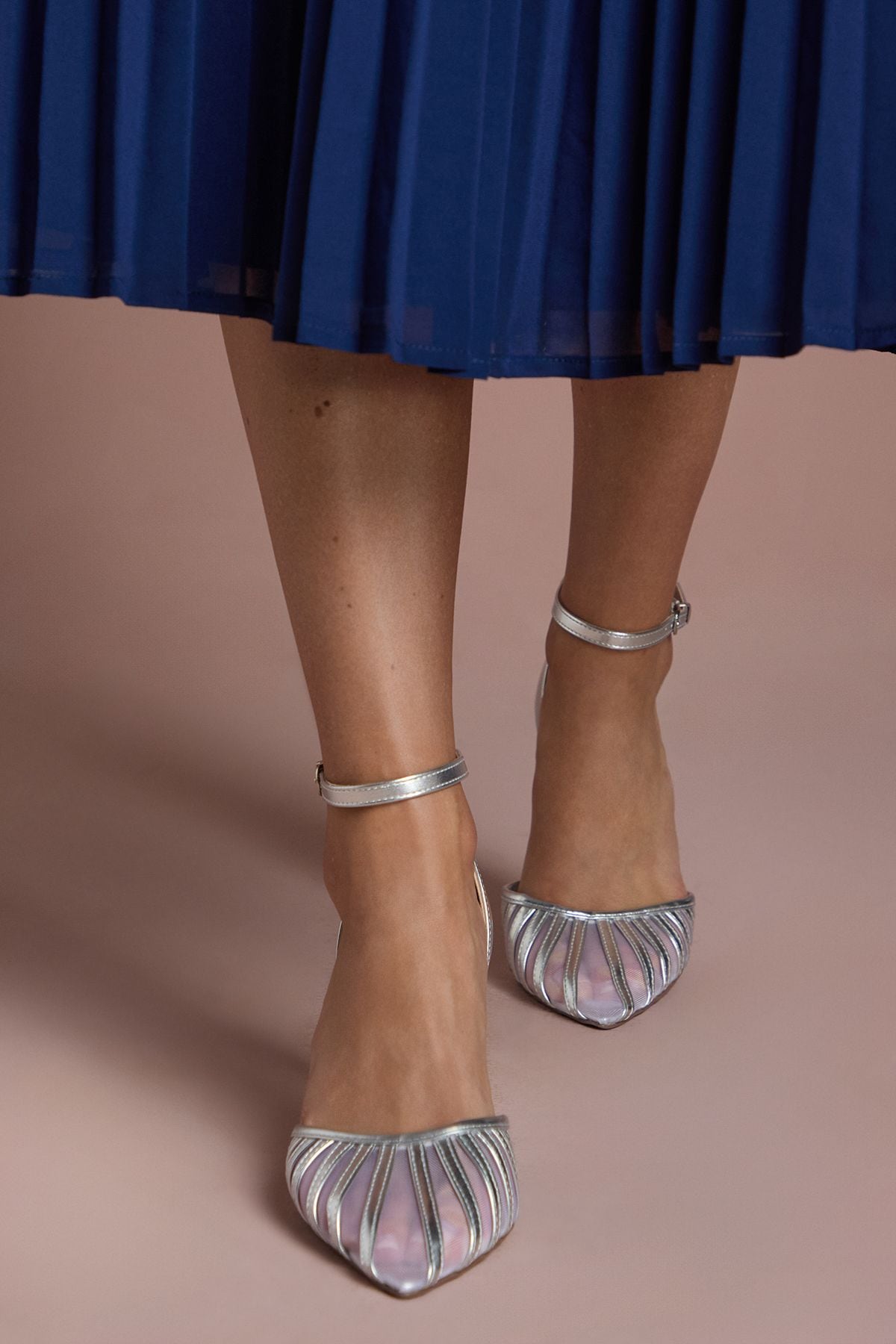 Coast Krystal Metallic Faux Leather Mesh Detail High Stiletto Heel Court Shoes Silver image 2