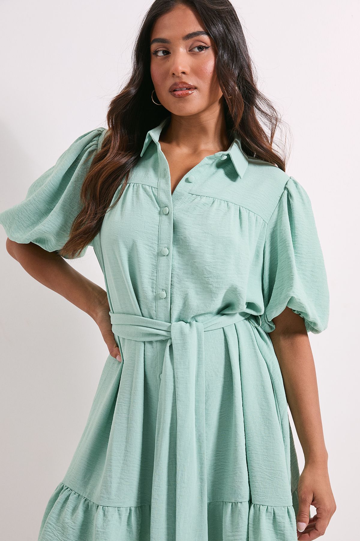 Dorothy Perkins Petite Puff Sleeve Belted Mini Shirt Dress Sage image 4