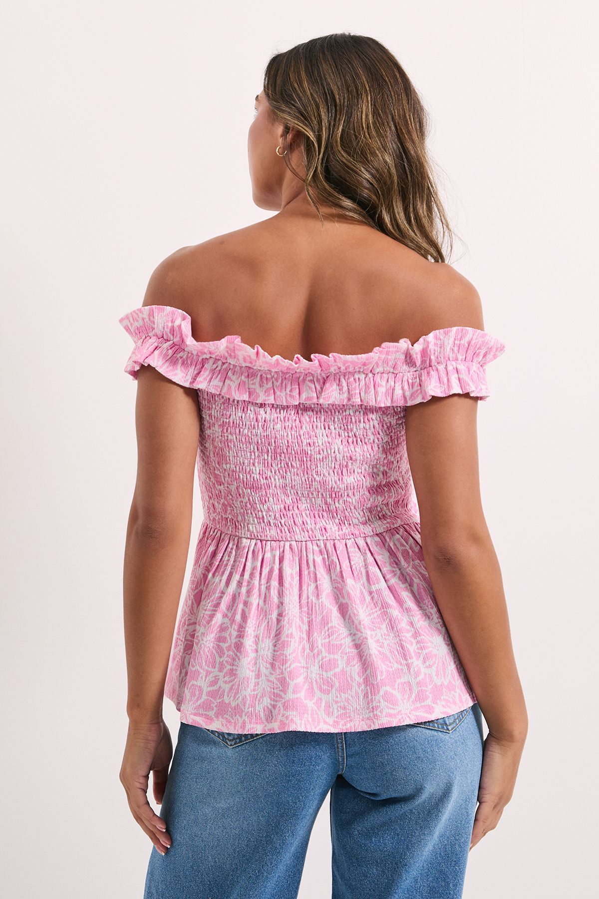 Dorothy Perkins Pink Floral Shirred Bodice Bardot Peplum Top Pink image 4