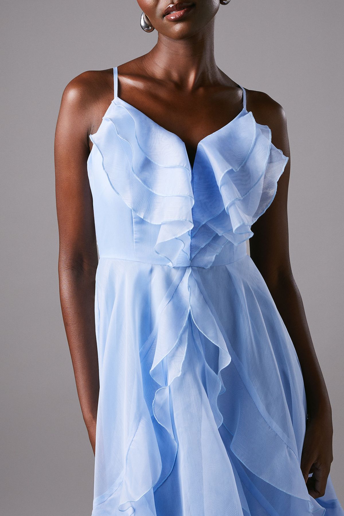 Coast Frill V Neck Midi Wedding Guest Dress Blue image 5