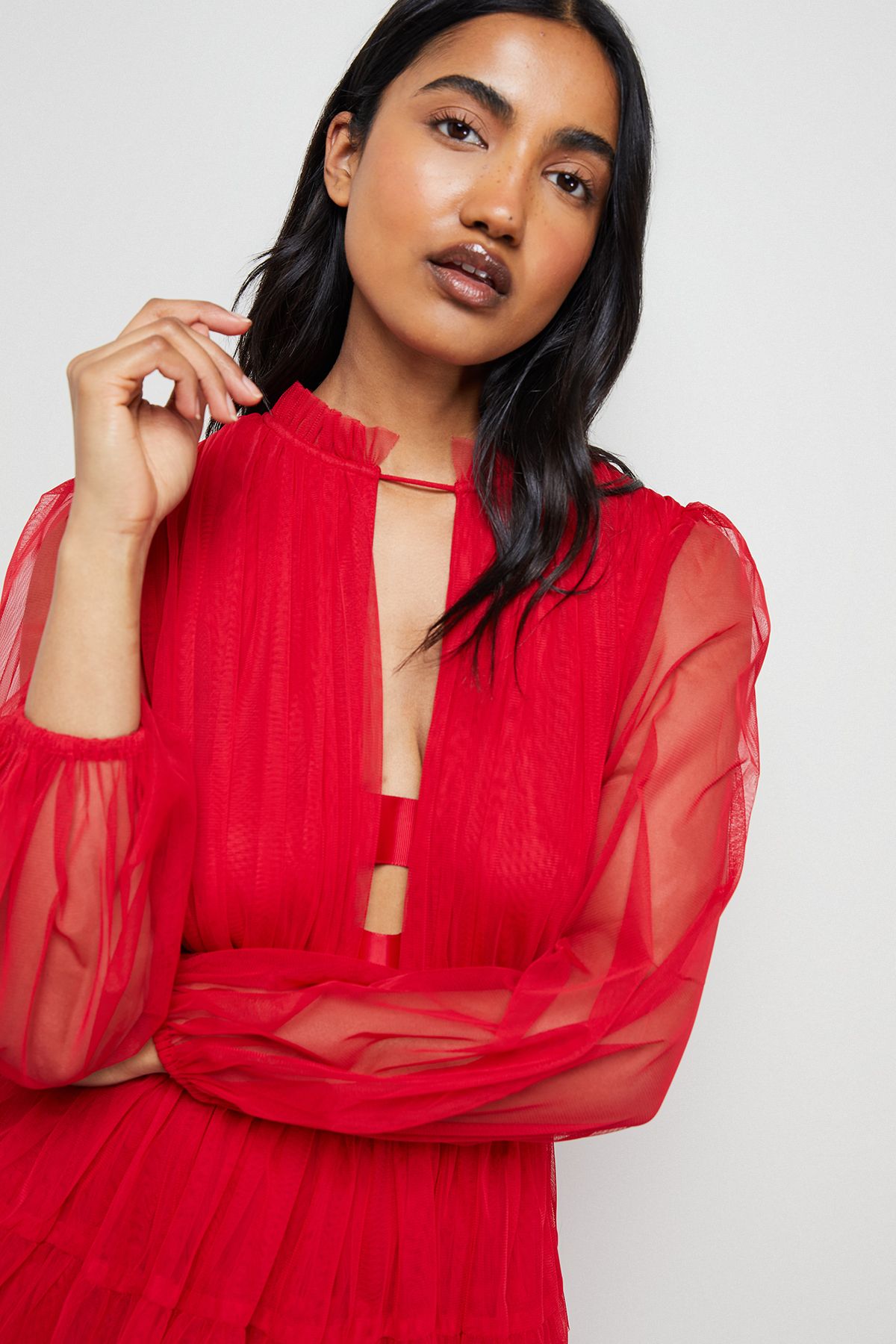 Warehouse Ruffle Neck Tulle Maxi Dress Red image 4