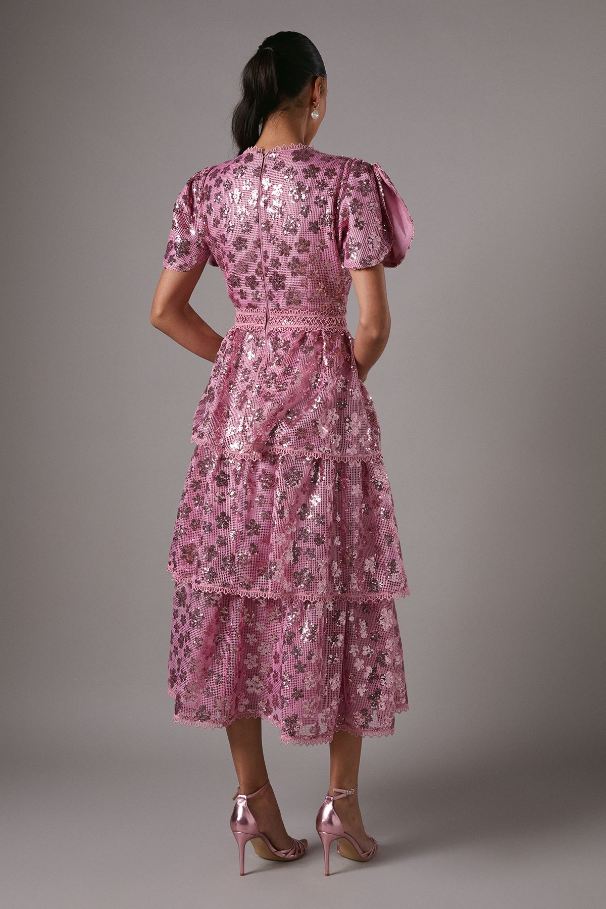 Coast Short Sleeve Flower Sequin Tiered Midaxi Dress Pink image 3