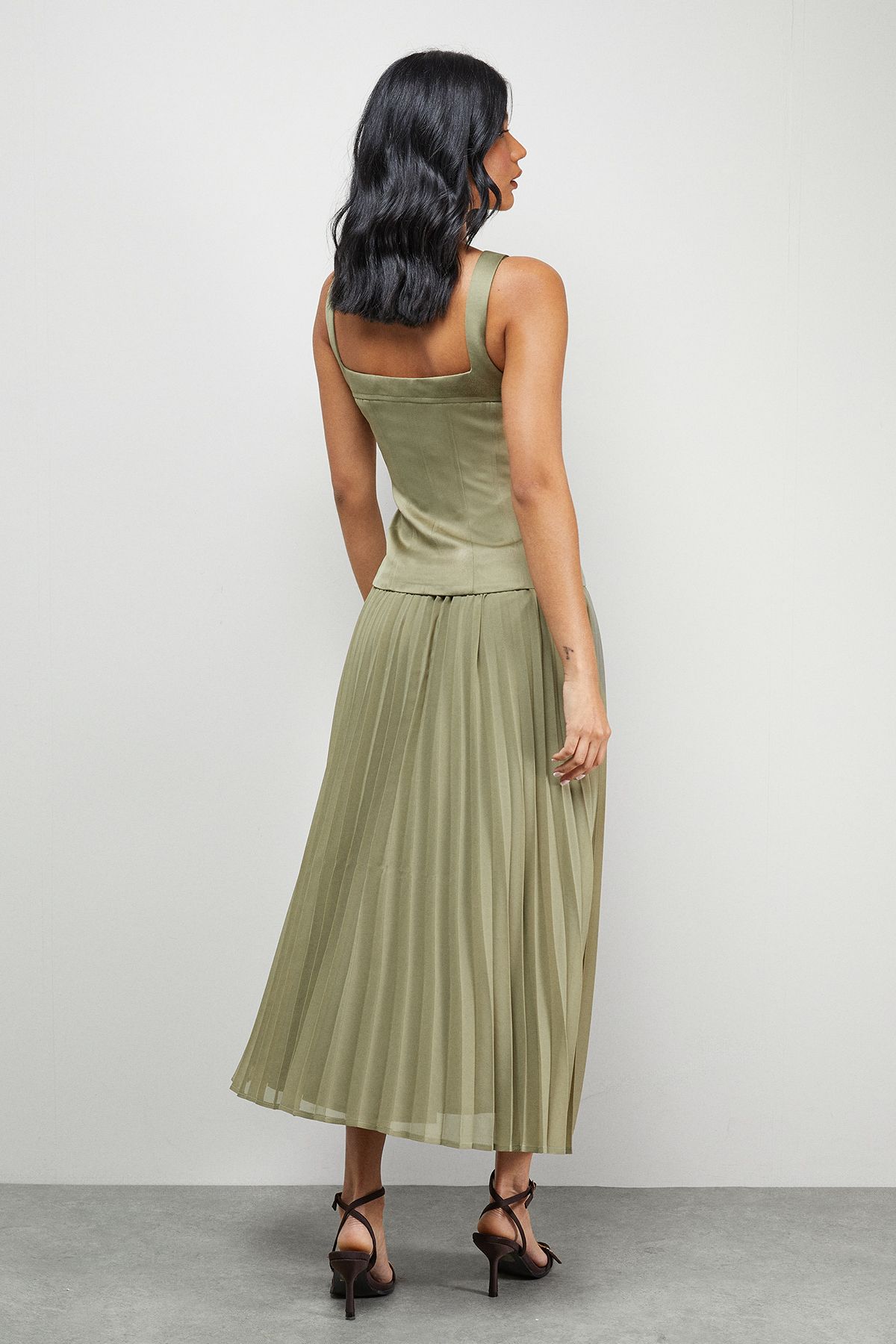 Warehouse Satin Fitted Bodice Chiffon Pleated Skirt Midi Dress Olive image 3