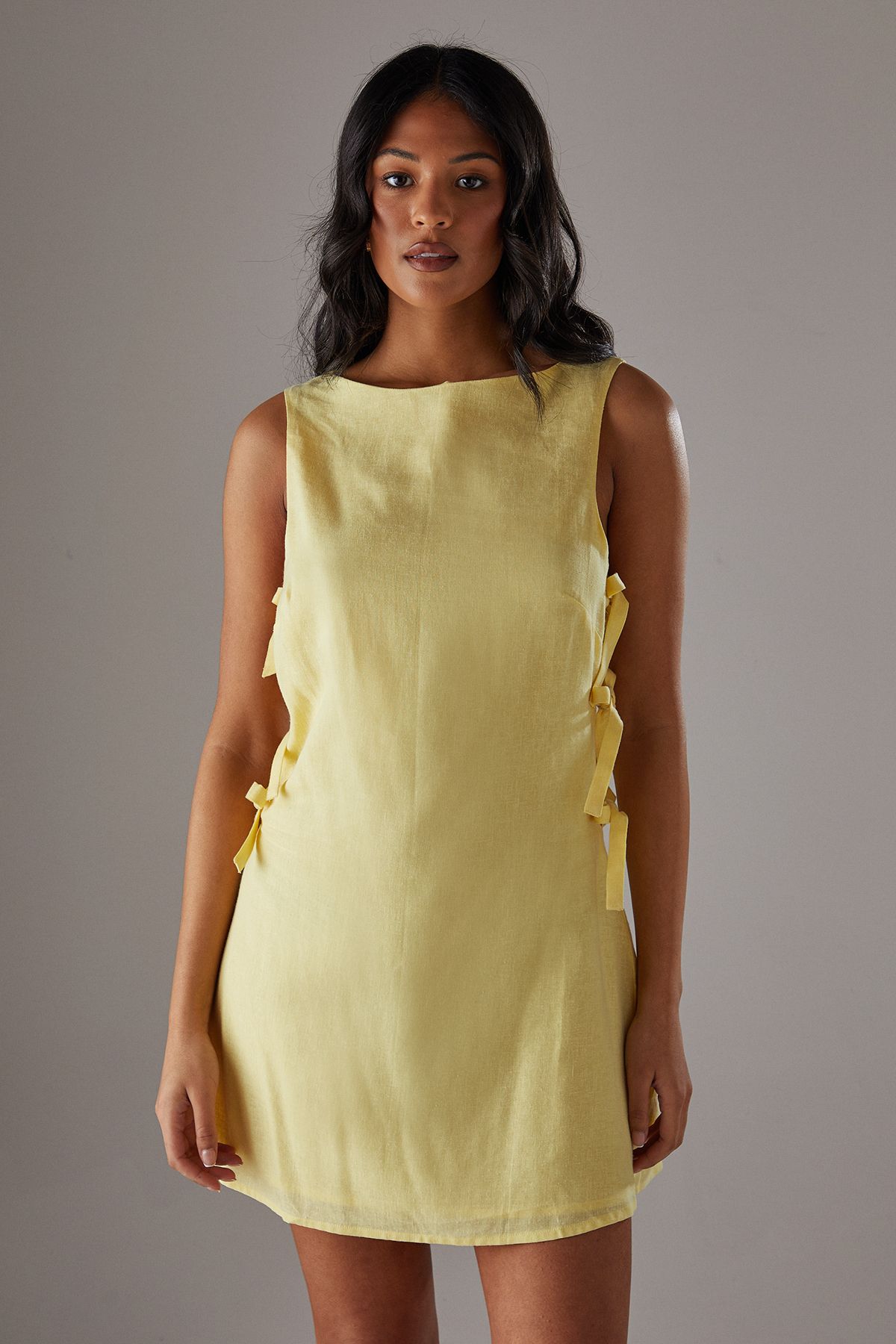 Warehouse Premium Linen Blend Bow Side Mini Dress Yellow image 2