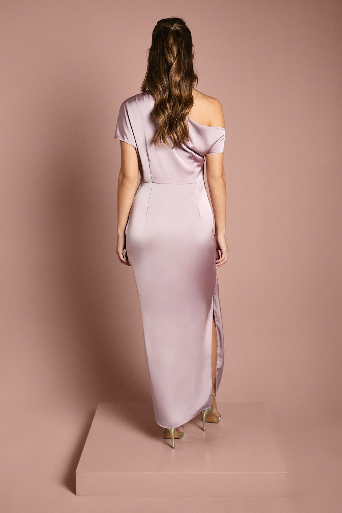Coast Satin Ruched Detail Off The Shoulder Maxi Bridesmaid Dress Blush image 3