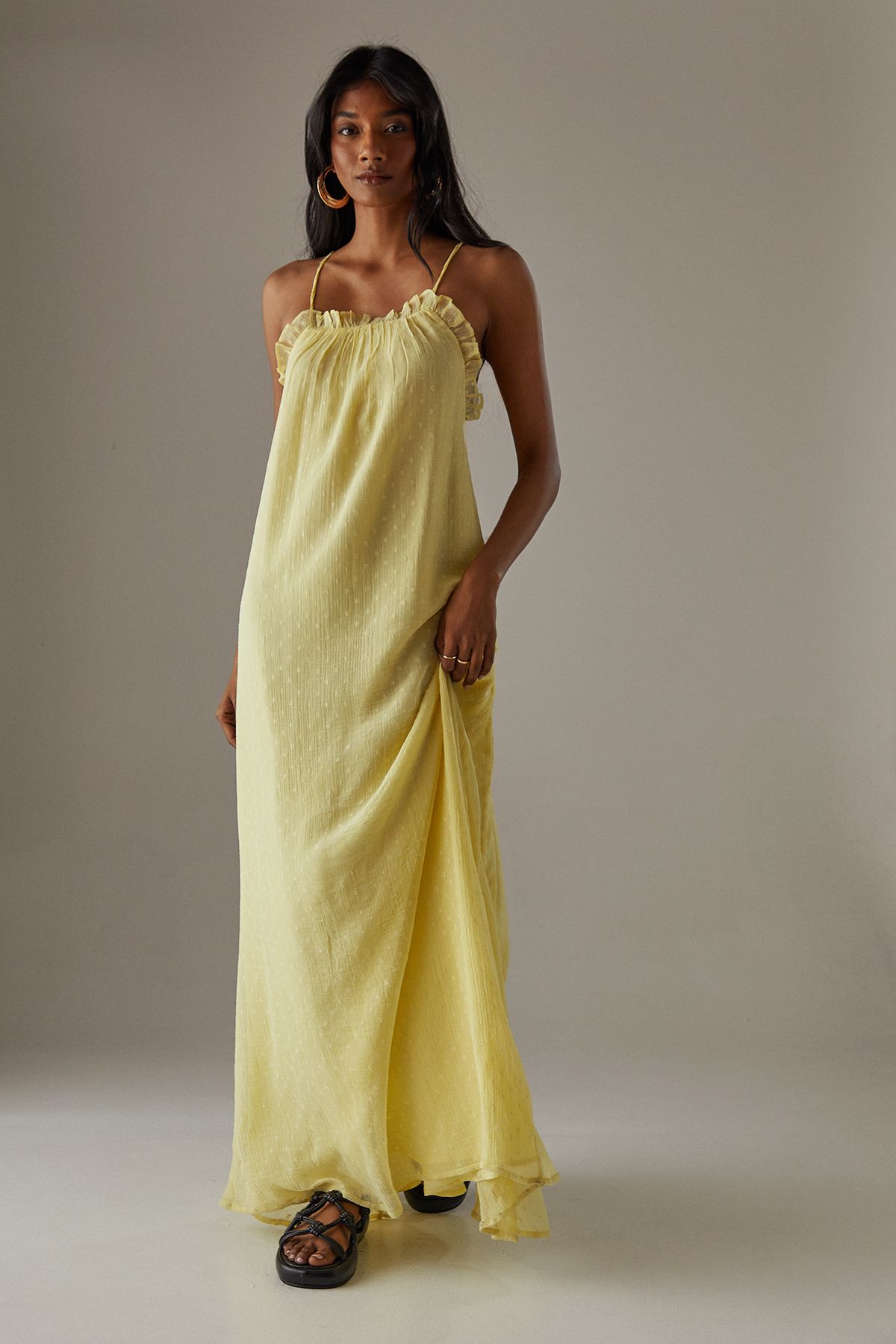 Warehouse Marble Dobby Chiffon Halter Ruffle Maxi Dress Yellow image 1