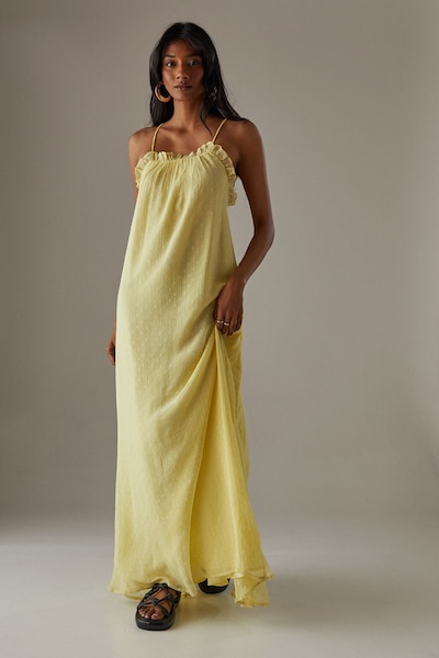 Warehouse Marble Dobby Chiffon Halter Ruffle Maxi Dress Yellow