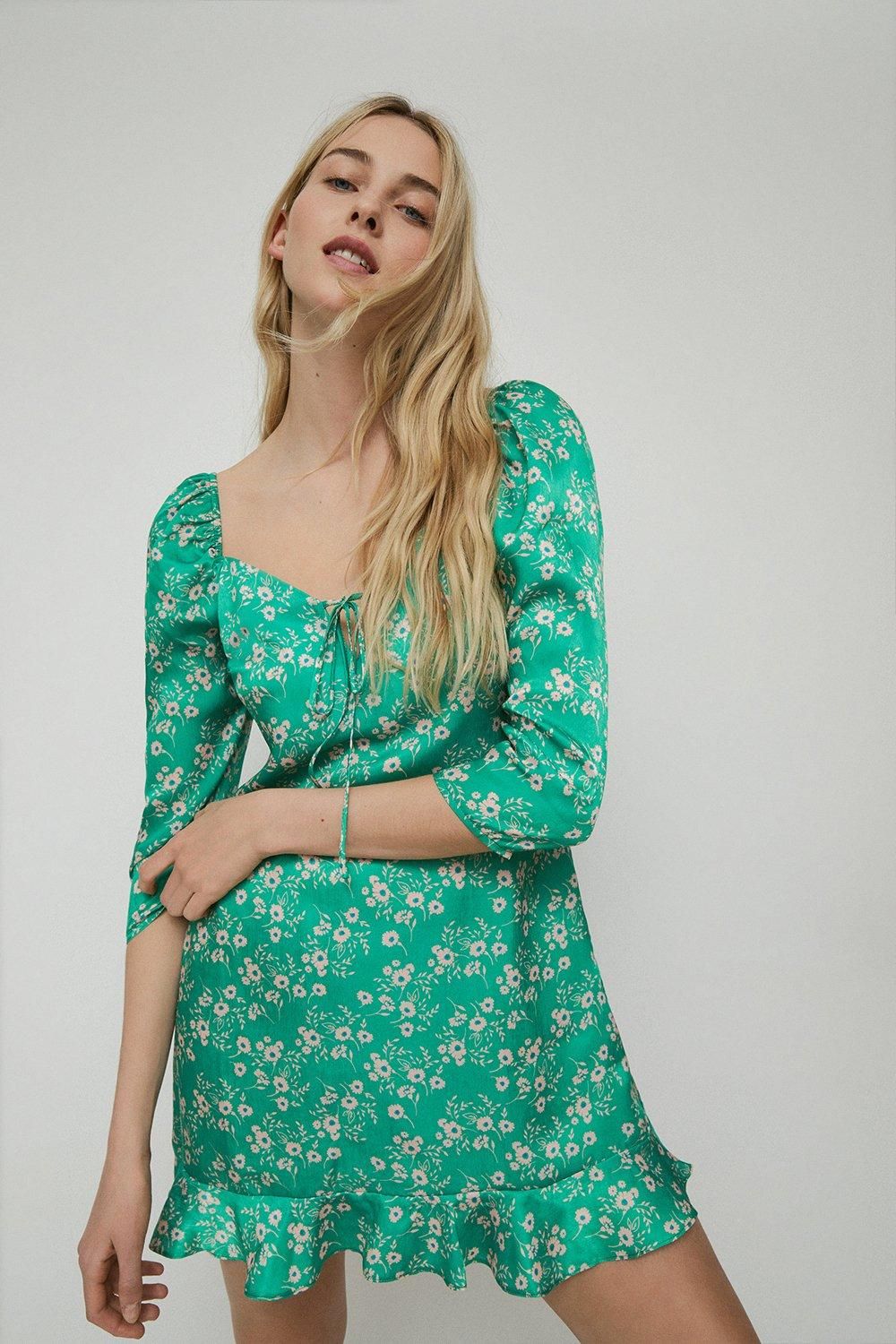Warehouse Puff Sleeve Mini Dress In Floral Green