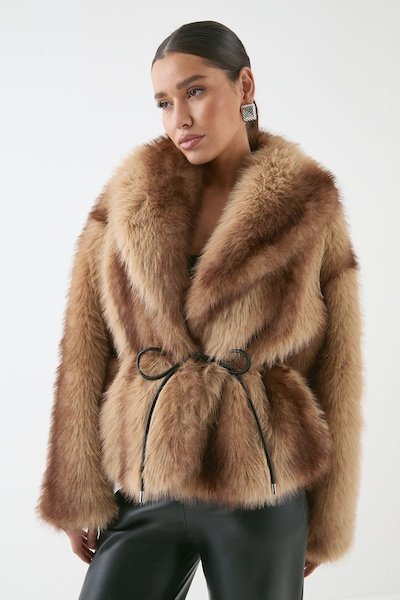 MissPap Faux Fur Wide Collar Belted Jacket Brown