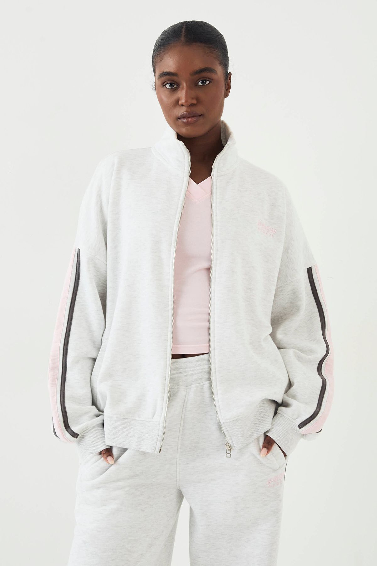 DSGN Studio DSGN Studio Sport Colour Block Funnel Neck Zip Through Sweatshirt Ash Grey image 3