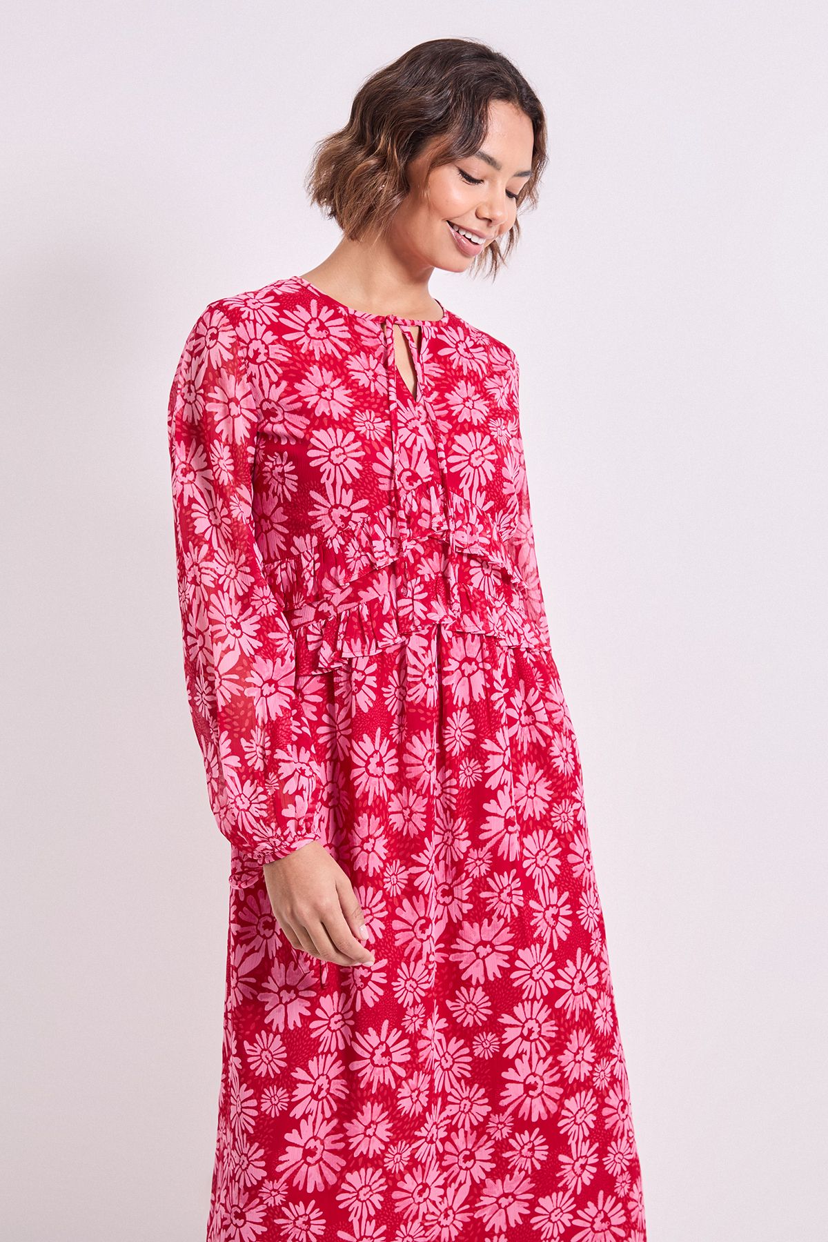 Dorothy Perkins Pink Daisy Tie Neck Frill Detail Trapeze Printed Midi Dress Pink image 2