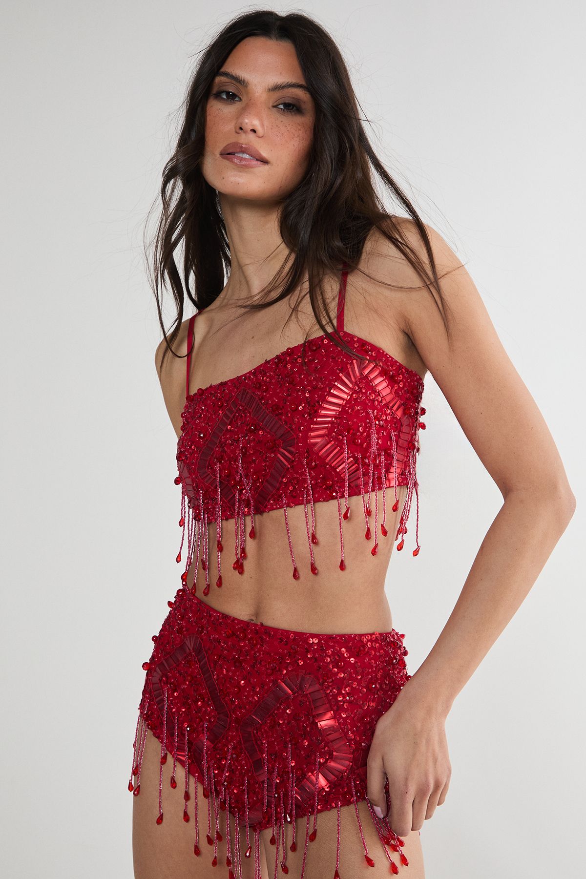 NastyGal Diamante Embellished Tassel Beaded Crop Top Red