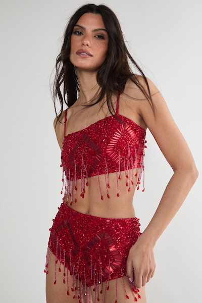 NastyGal Diamante Embellished Tassel Beaded Crop Top Red
