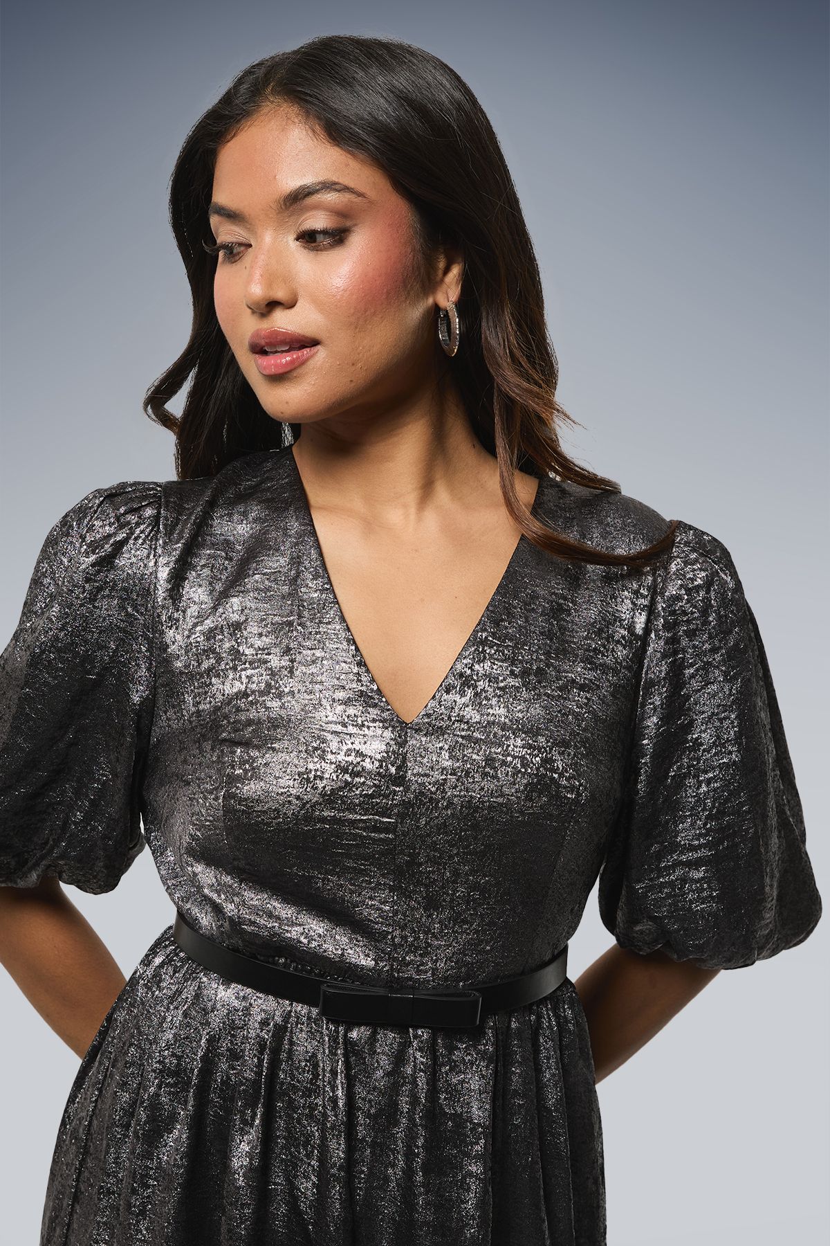 Dorothy Perkins Petite DP Luxe Metallic Puff Sleeve Tiered Maxi Dress Silver image 4