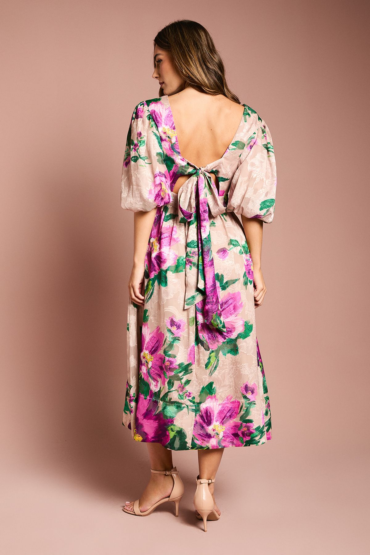 Coast Printed Puff Sleeve Bow Detail Jacquard Midi Dress Purple image 4