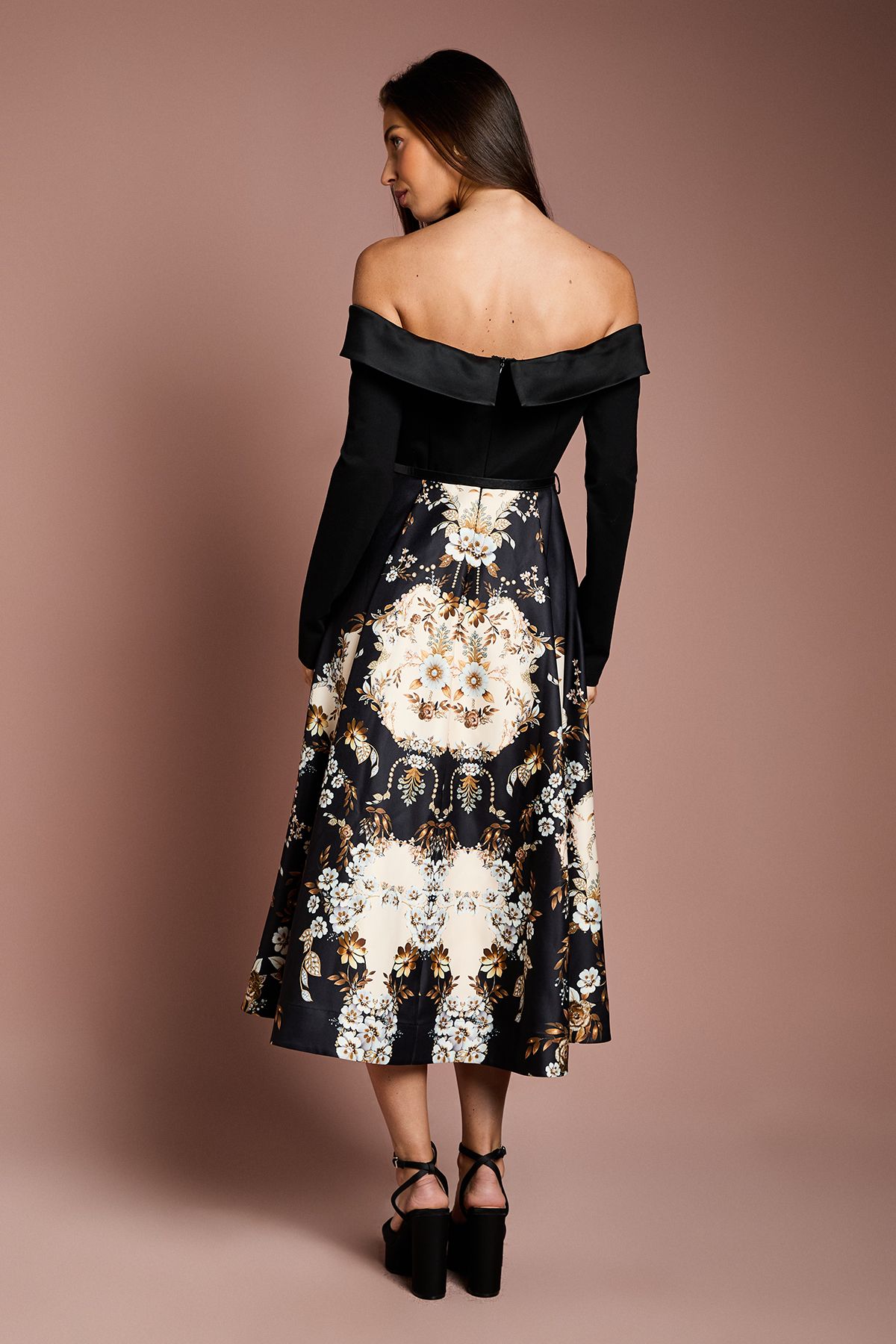 Coast Bardot Long Sleeve Printed Midi Dress Black image 3