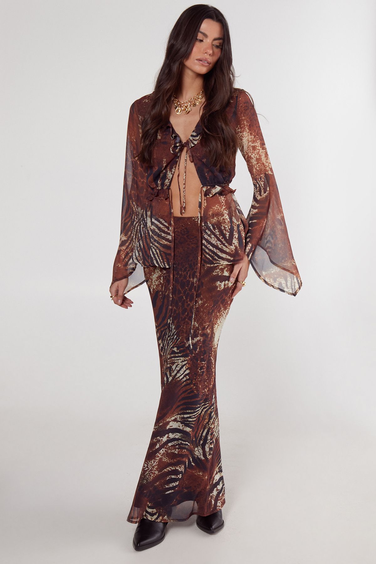 NastyGal Mixed Animal Crinkle Chiffon Bias Cut Maxi Skirt Tan image 4