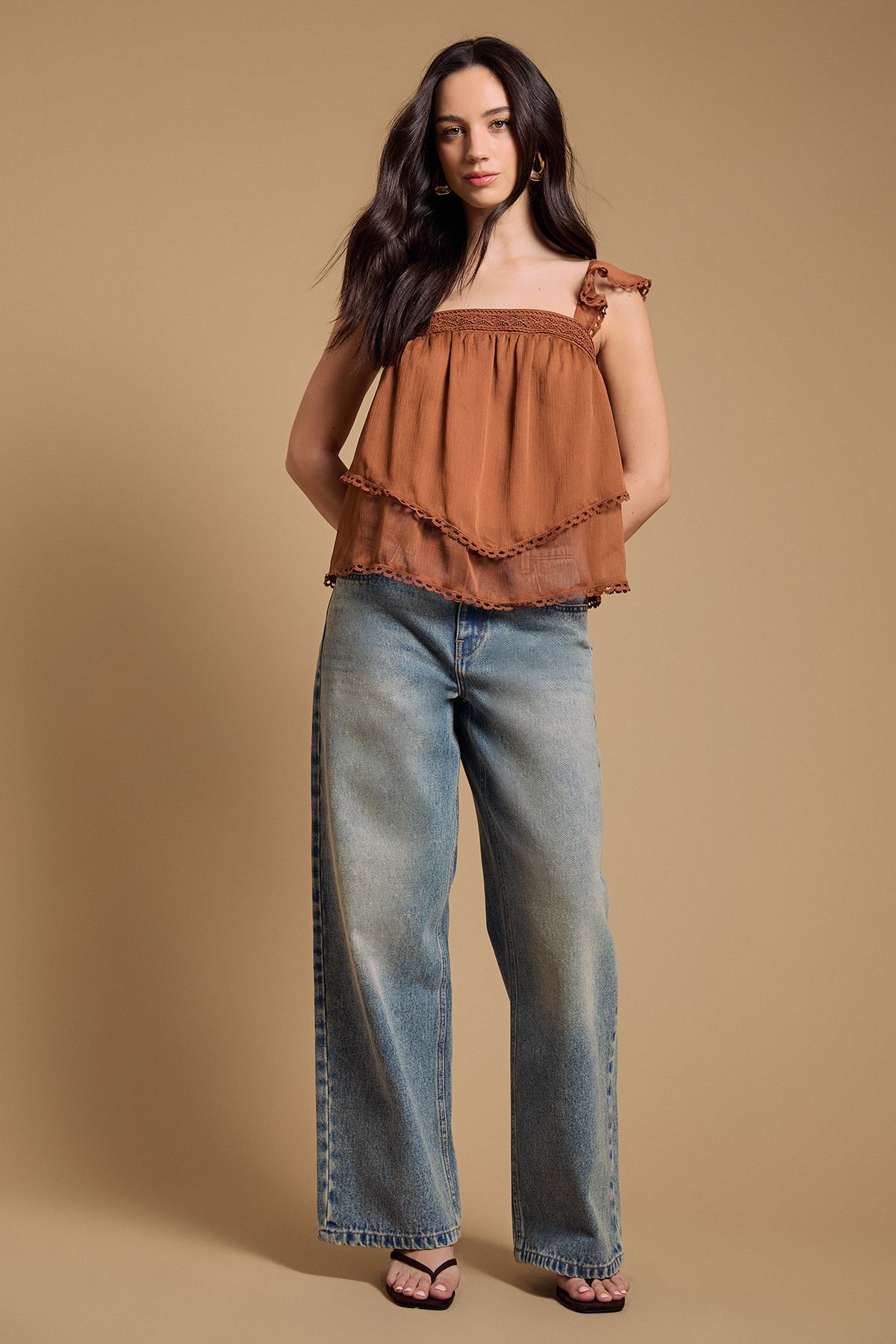 Oasis Tiered Frill Sleeve Western Cami Top Chocolate image 4