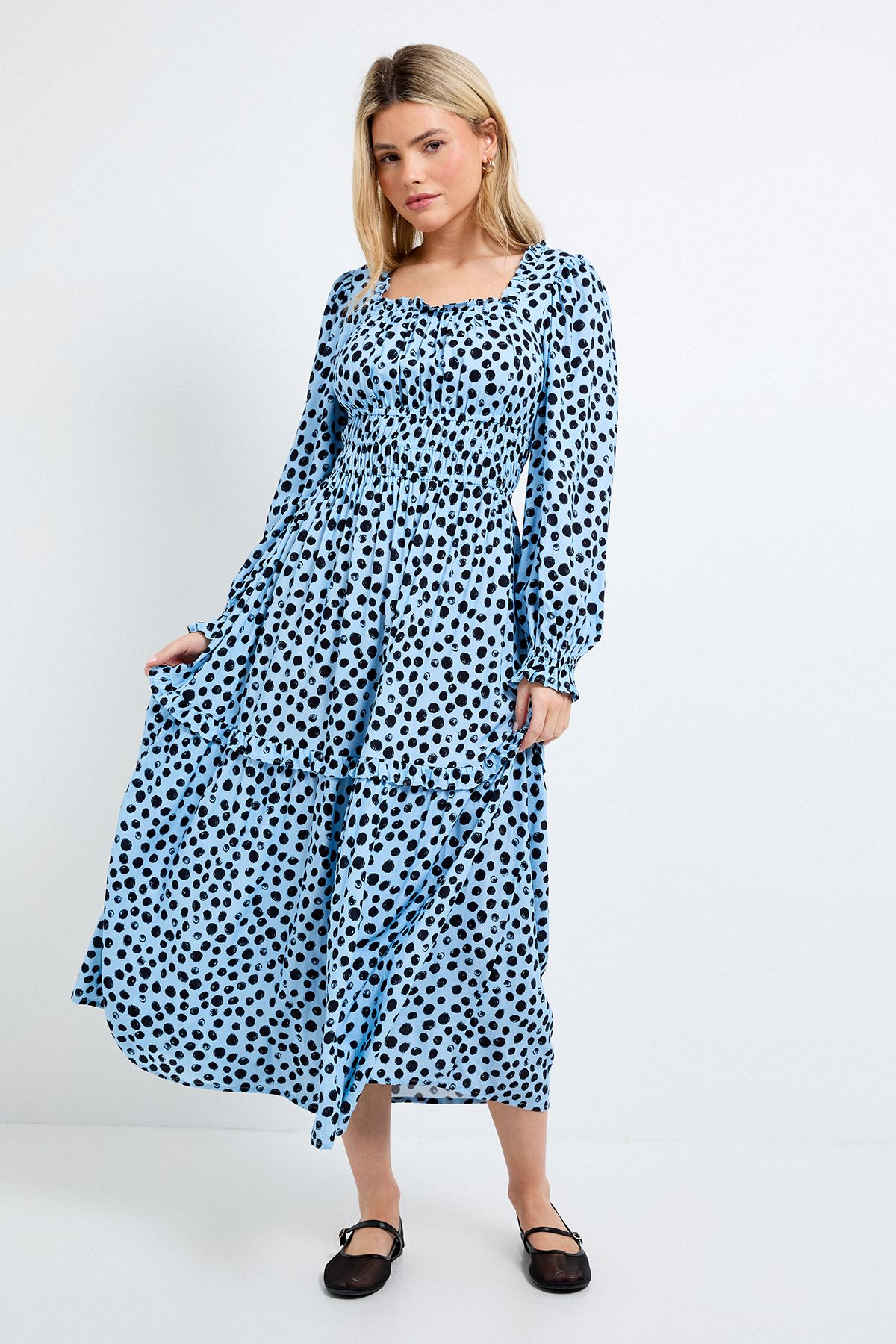 Dorothy Perkins Blue Spot Square Neck Blouson Sleeve Tiered Maxi Dress Blue image 1