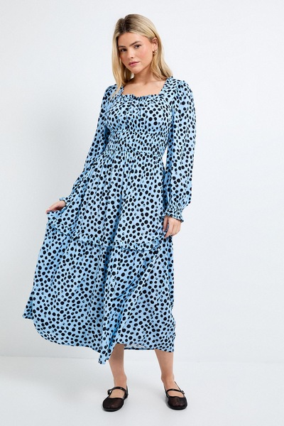 Dorothy Perkins Blue Spot Square Neck Blouson Sleeve Tiered Maxi Dress Blue