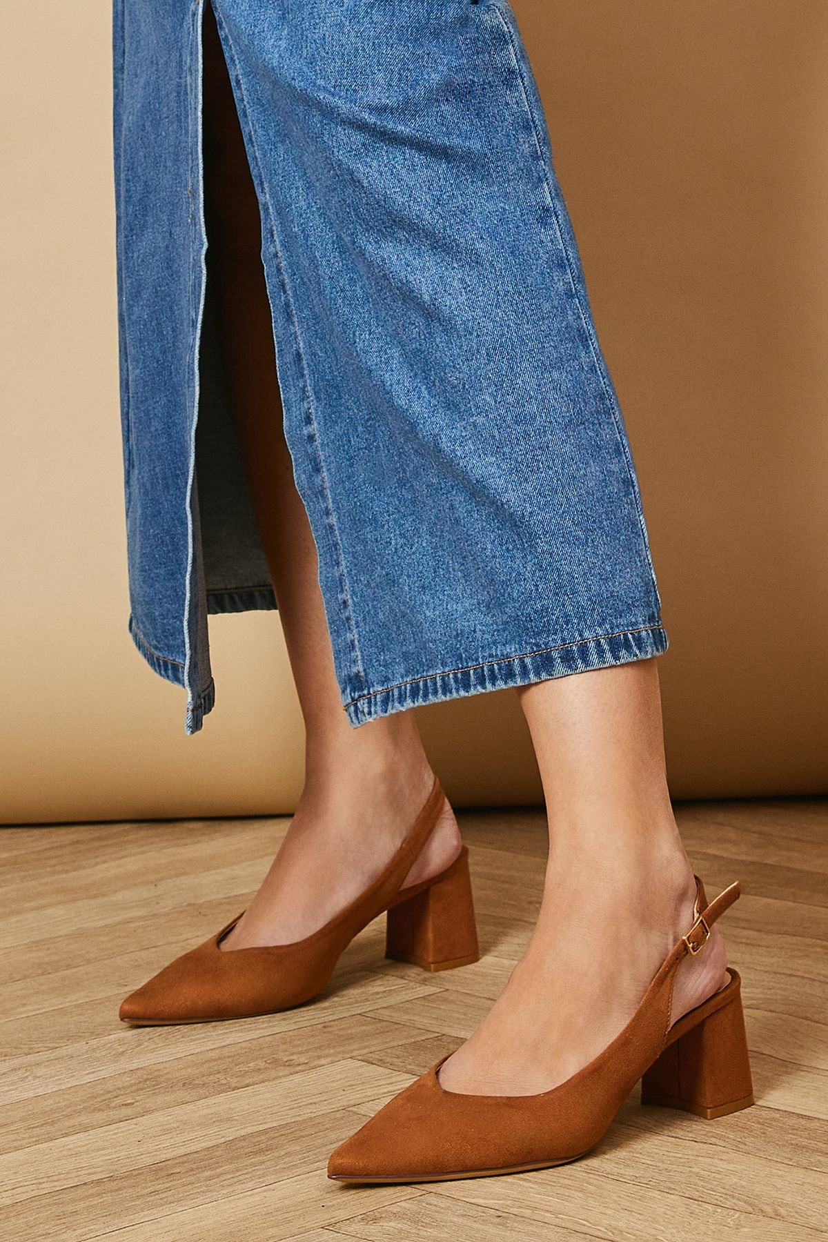 Oasis Enrya Faux Suede Slingback Low Block Heel Shoes Tan image 2