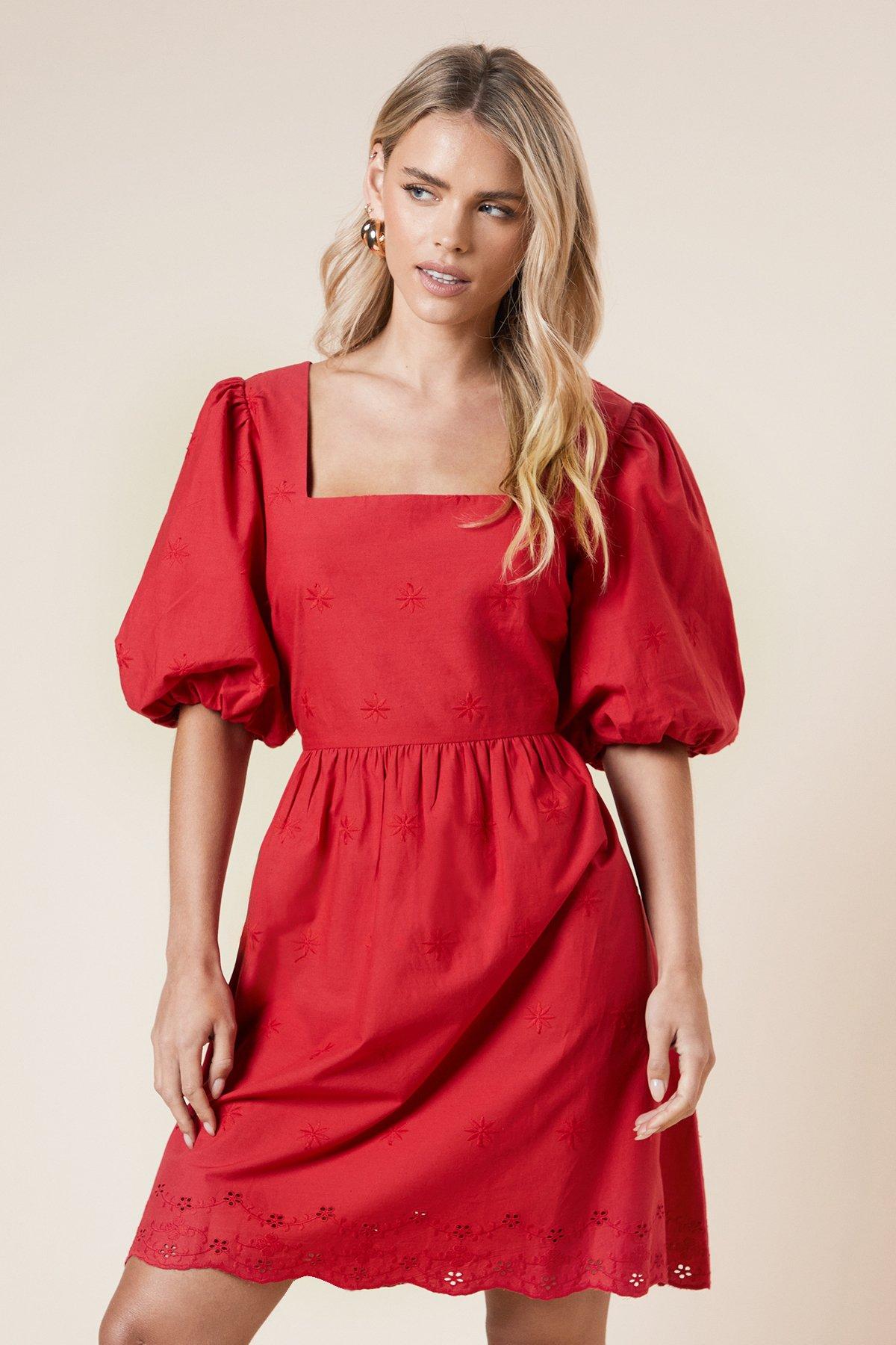Dorothy Perkins Petite Embroidered Square Neck Mini dress Red image 1