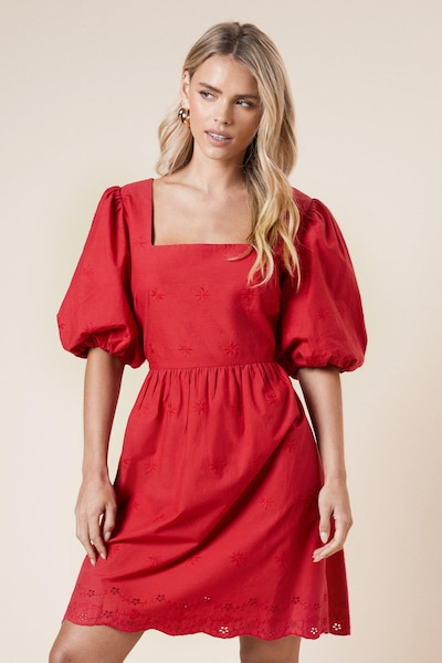 Dorothy Perkins Petite Embroidered Square Neck Mini dress Red