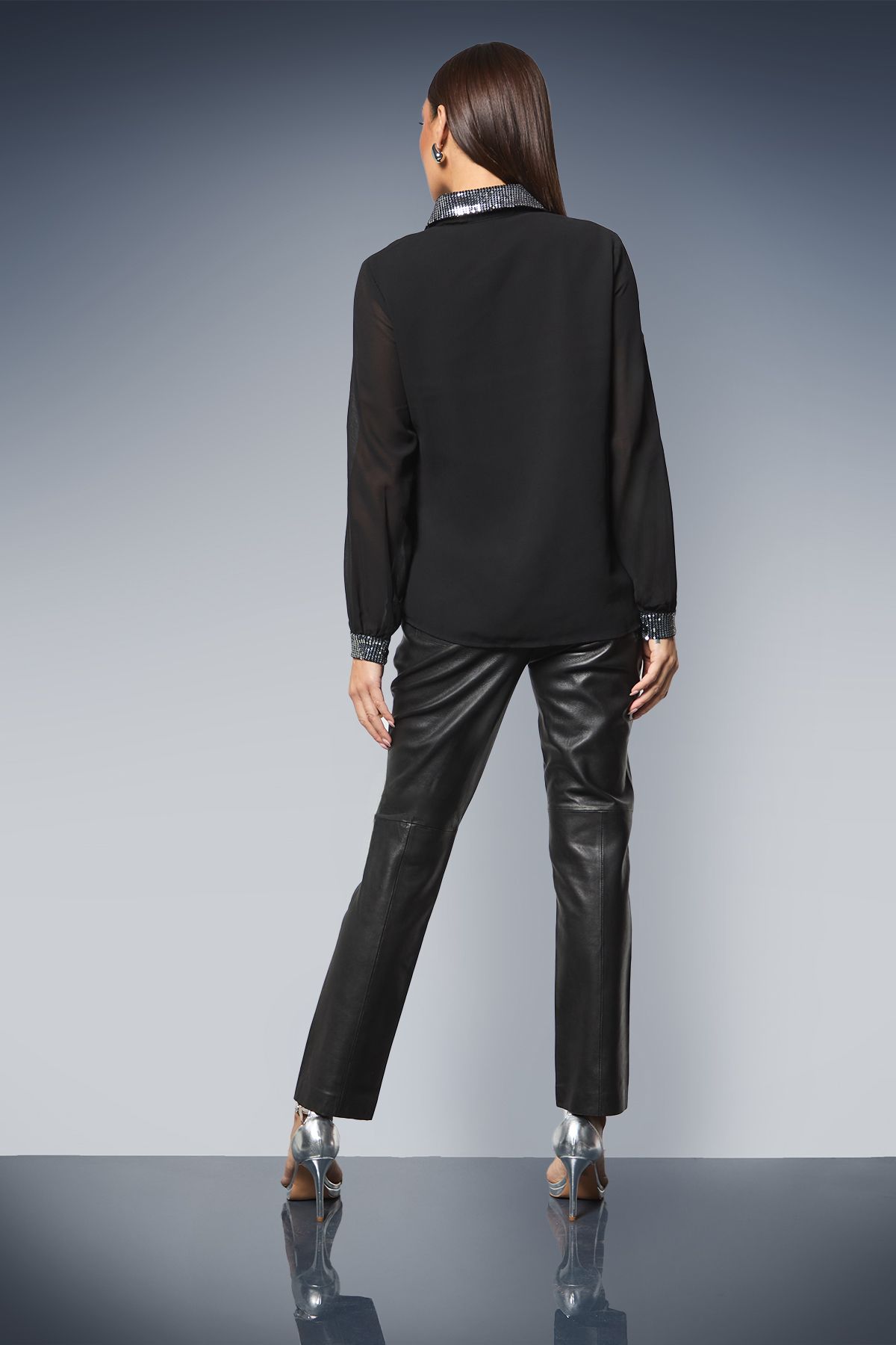 Principles Black Sequin Collared Shirt Silver image 3