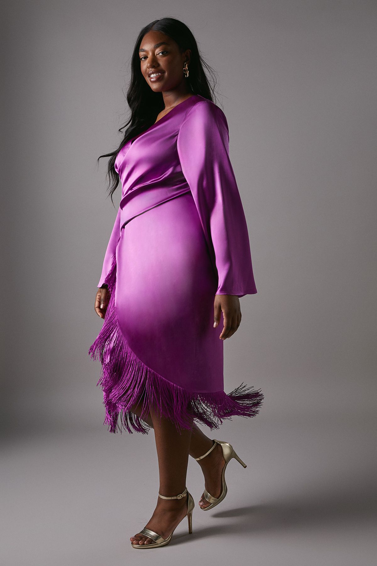 Coast Plus Satin Wrap Dress With Fringe Detail Purple image 2