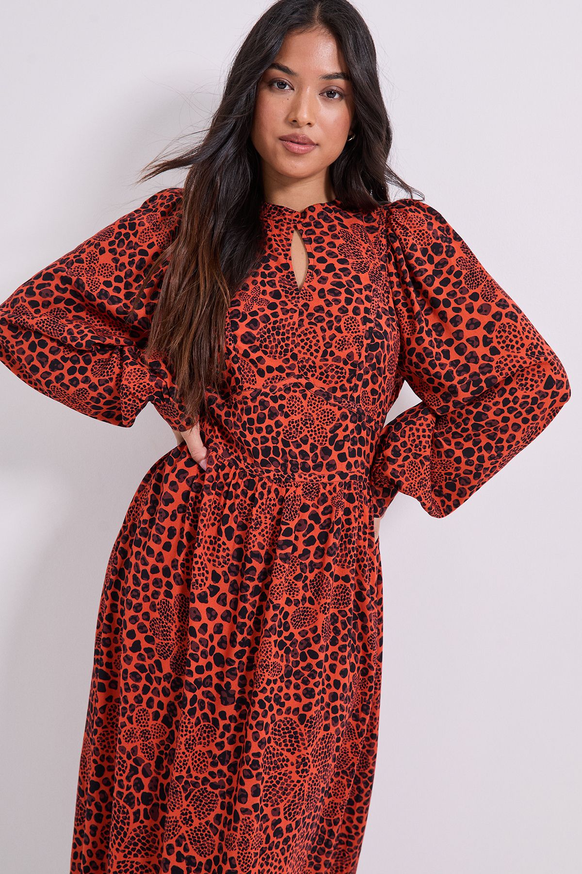 Dorothy Perkins Petite Keyhole Detail Waisted Blouson Sleeve Printed Midi Dress Orange image 4