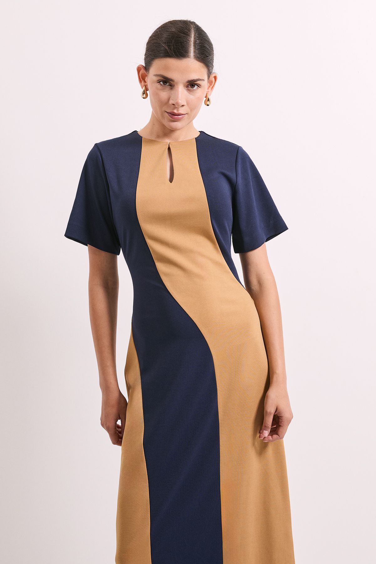 Principles Colour Block Ponte Detail Midi Dress Camel image 2