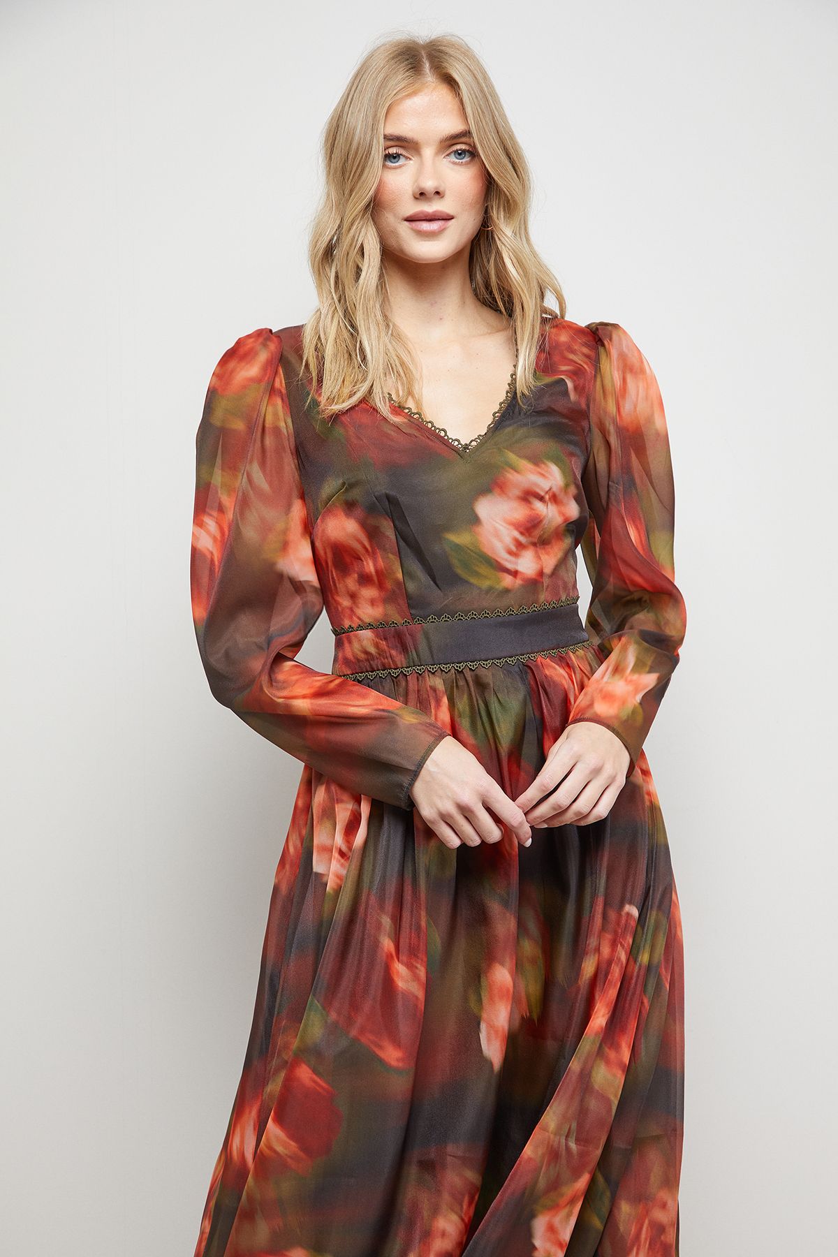 Oasis V Neck Open Back Long Sleeve Midi Dress Floral image 2