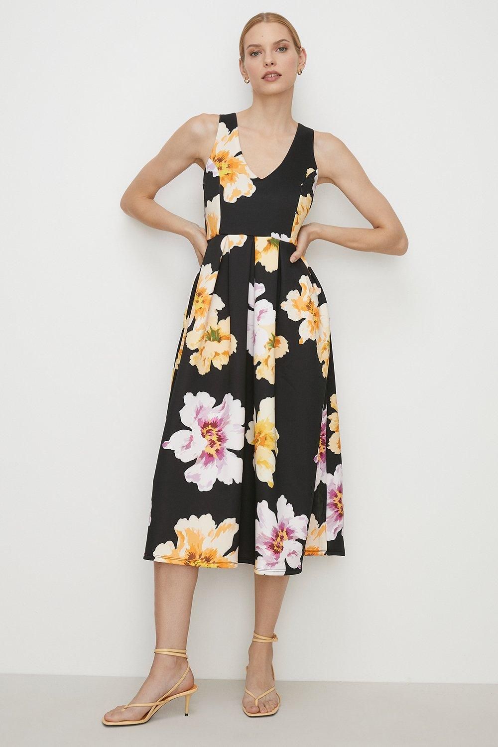 Oasis Large Floral Cross Back Scuba Midi Dress Black image 1