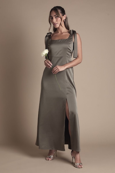 Oasis Satin Tie Shoulder Midi Bridesmaid Dress Olive