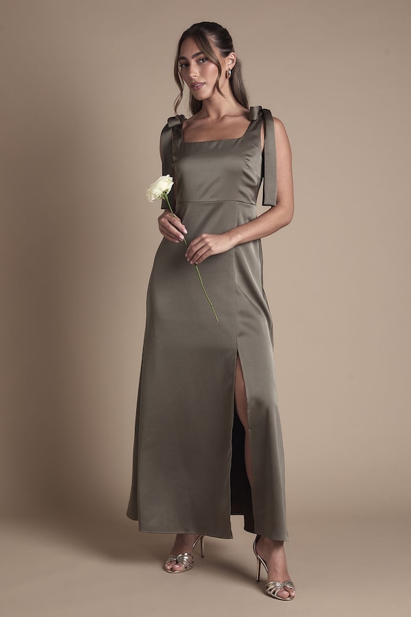 Oasis Satin Tie Shoulder Midi Bridesmaid Dress Olive