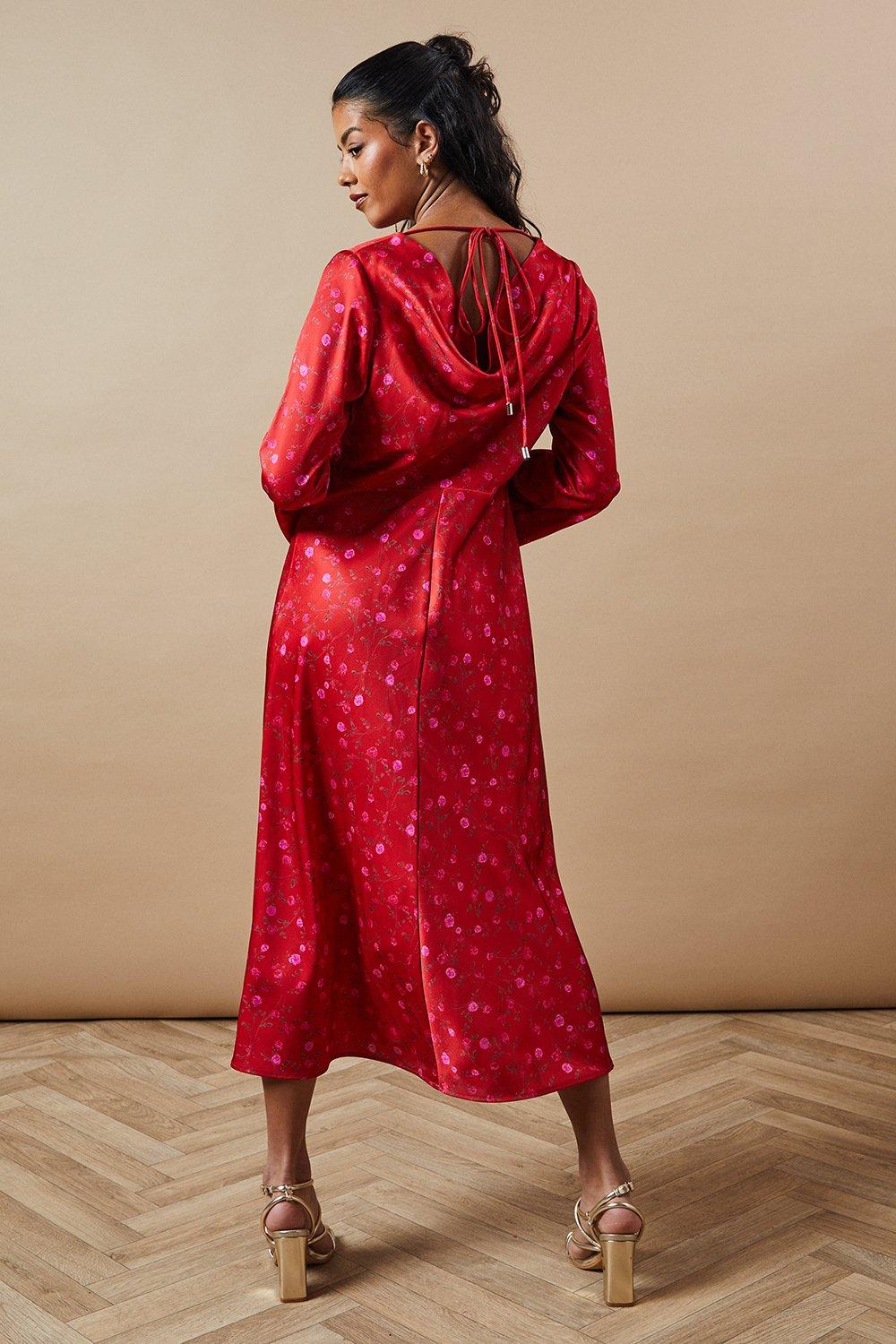 Oasis Petite Occasion Floral Satin Cowl Bias Midaxi Dress Red image 3