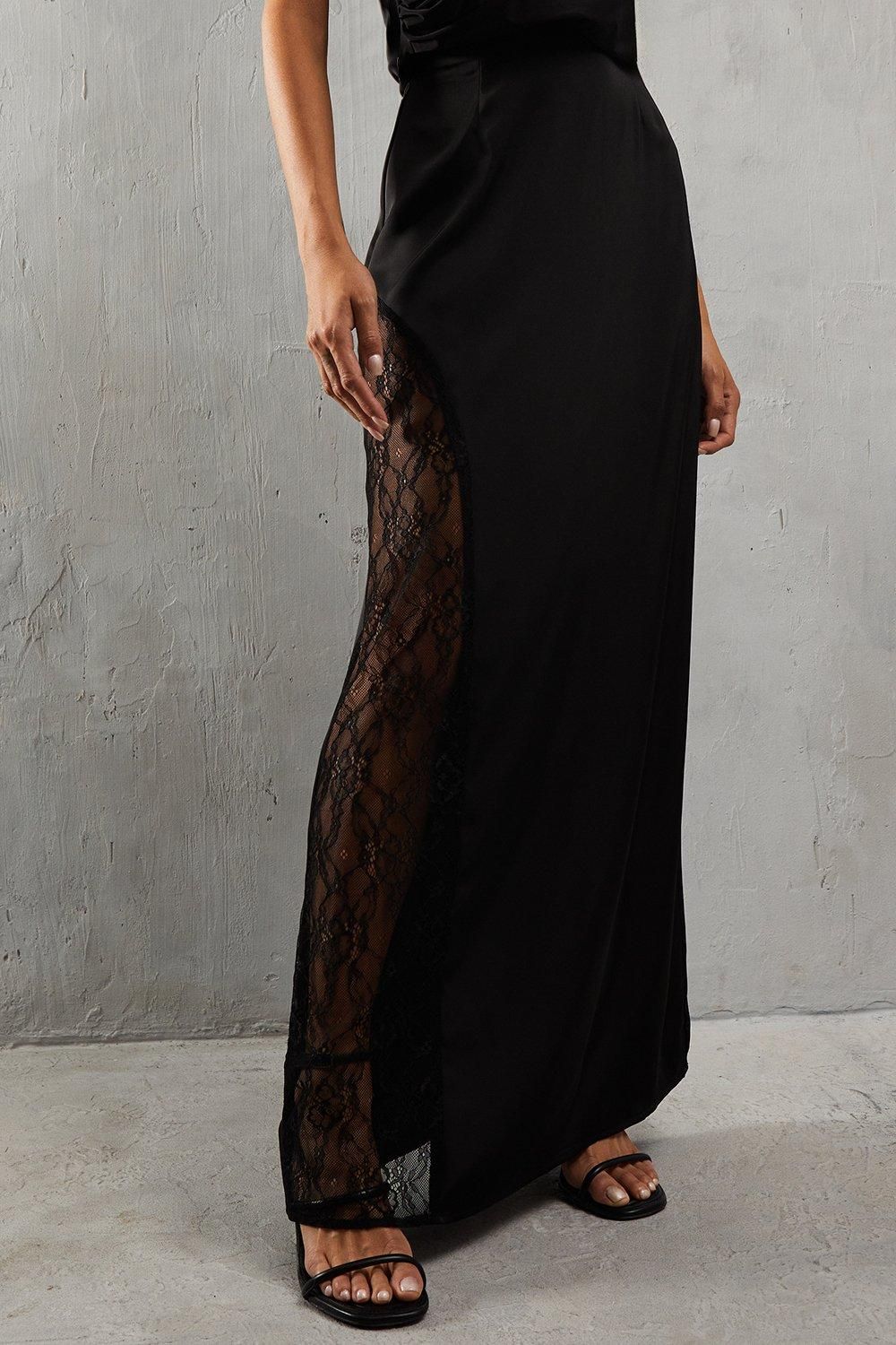 MissPap Lace Insert Column High Waist Maxi Skirt Black image 4
