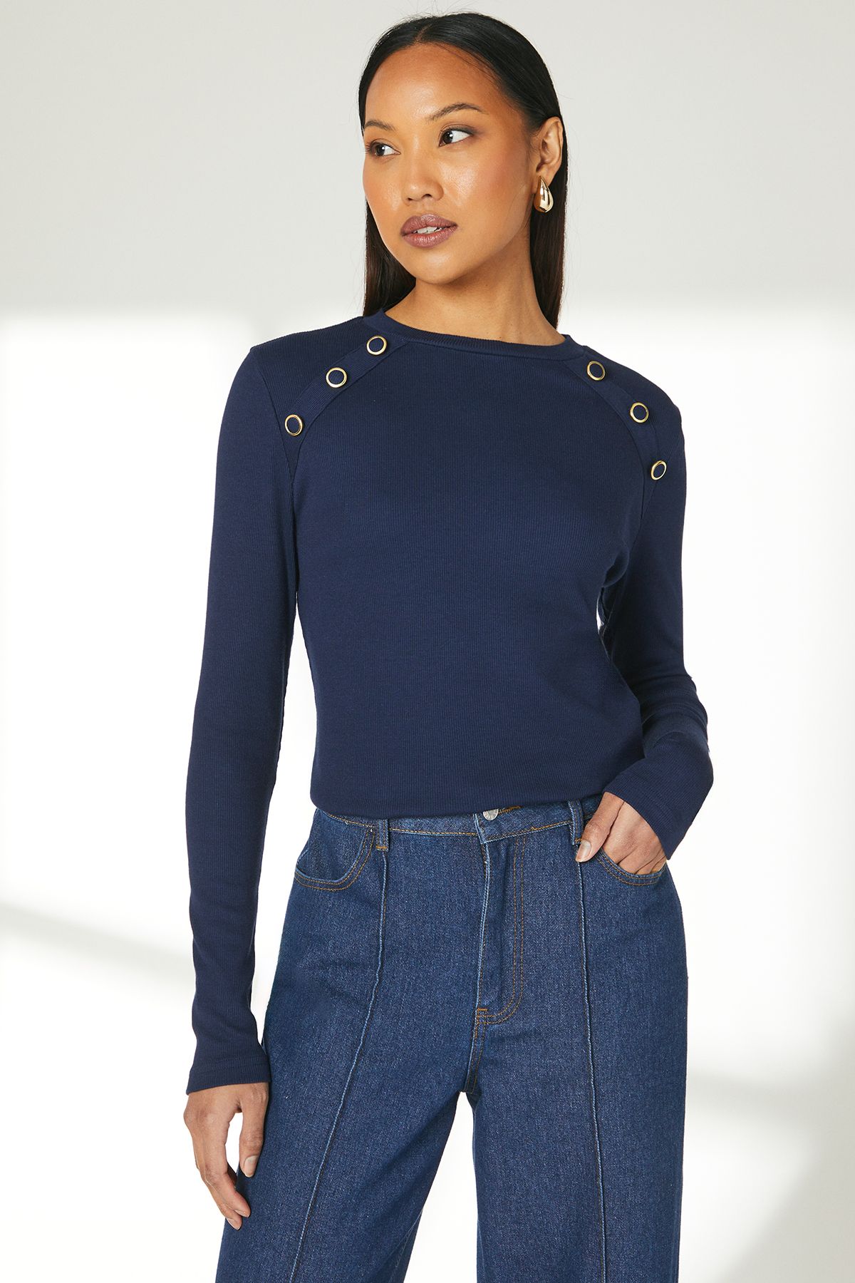 Principles Navy Button Detail Rib Top Navy image 2