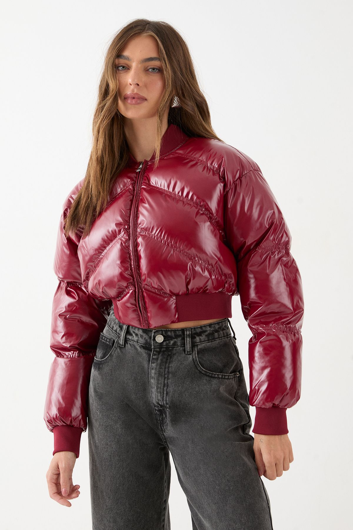 MissPap Premium High Shine Cropped Puffer Coat Wine image 4